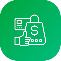 Icon of a hand thumbs-up next to a shopping bag with a dollar sign and a card reader.