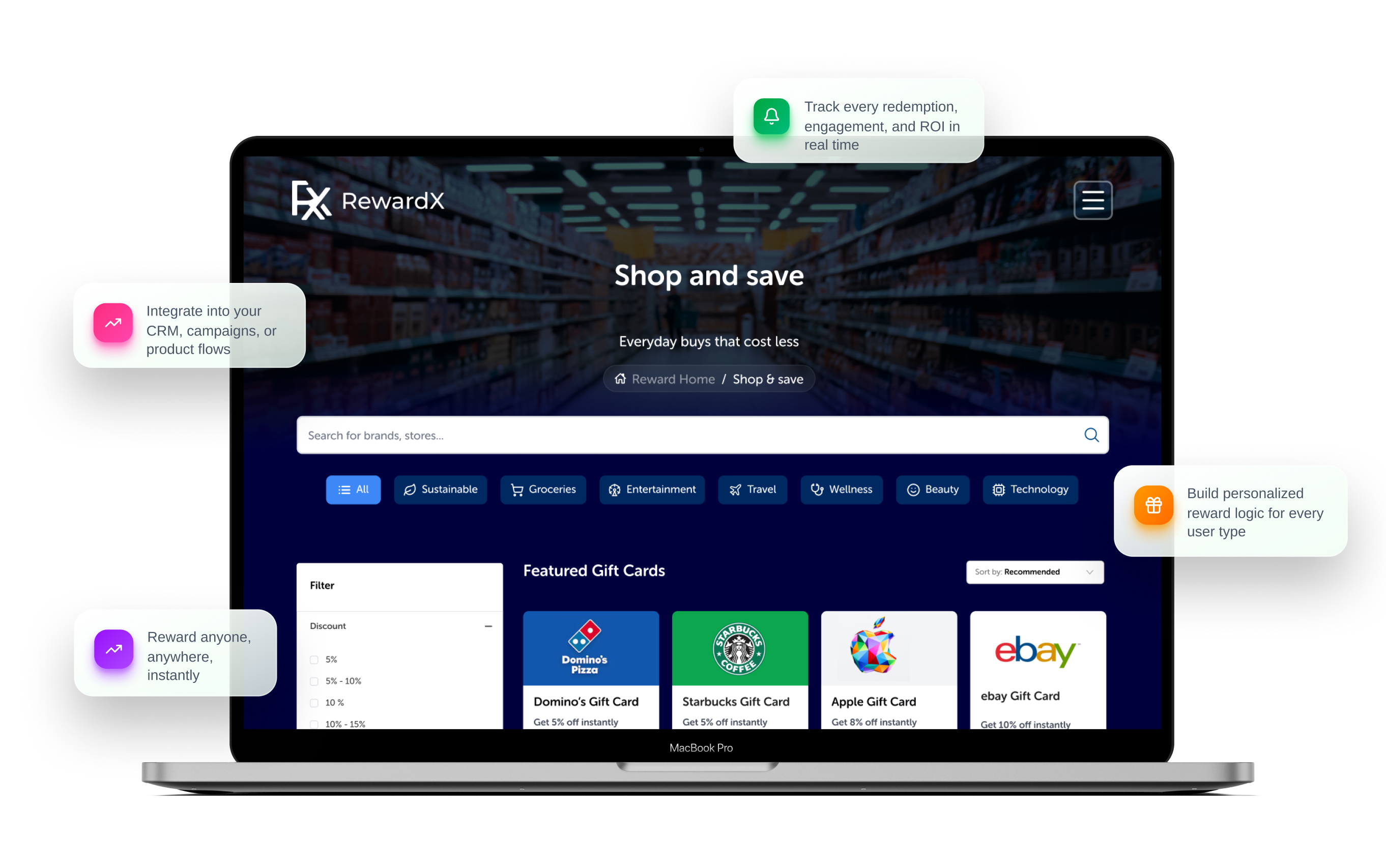 RewardX Shop and Save page on laptop showing gift cards, filters, and features for CRM and reward logic integration.