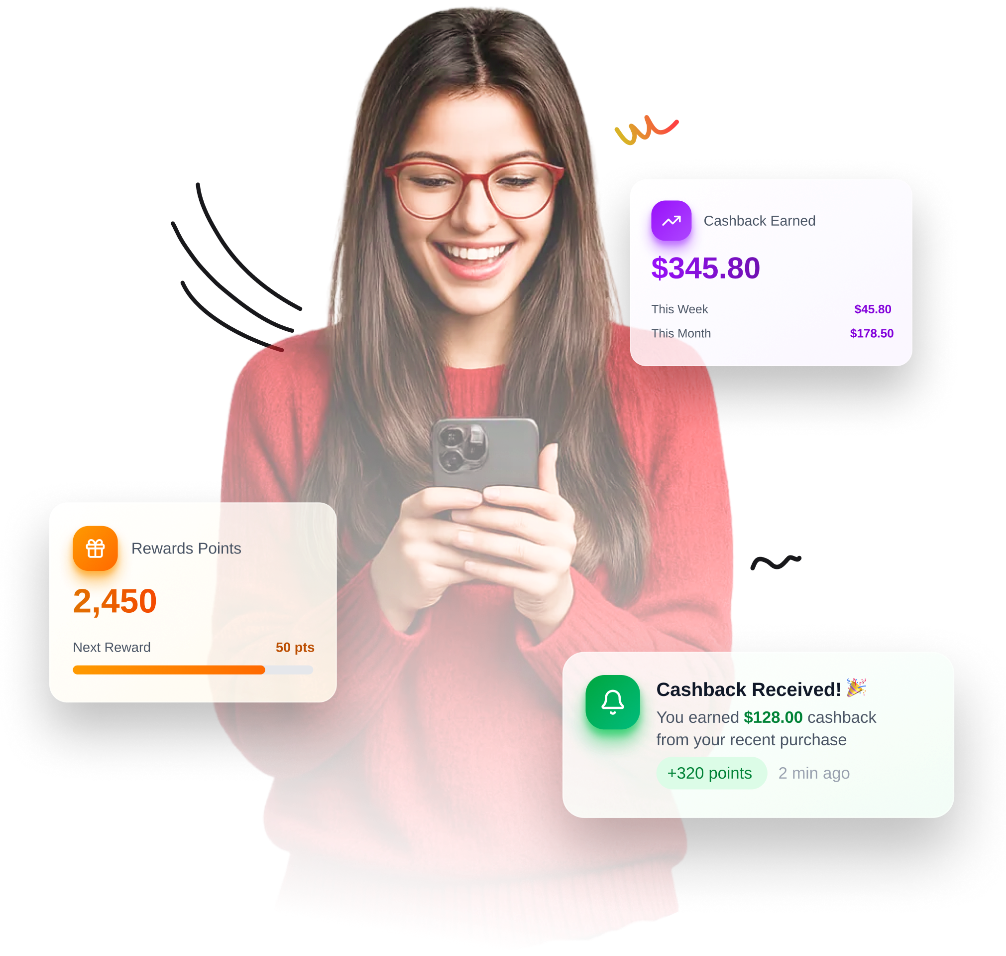Smiling woman in red sweater holding phone with cashback and rewards notifications around her.