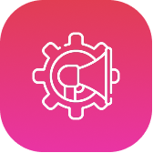 White gear with a megaphone inside, symbolizing marketing or promotion on pink gradient background.