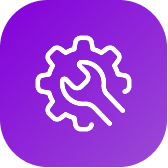 White gear and wrench icon on a purple rounded square background representing settings or tools.