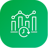 White analytics icon with bar chart, line graph, and clock on green rounded square background.
