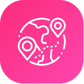 White globe icon with two location pins connected by a dashed line on a pink rounded square background.