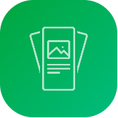 Icon of three overlapping vertical cards with an image and text lines on a green rounded square background.