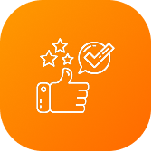 Thumbs up icon with three stars and a checkmark in a circle on an orange rounded square background.
