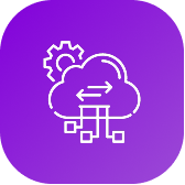 Icon of cloud with arrows, gear, and connecting nodes on a purple rounded square background.