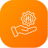 White hand holding a gear with sliders icon on an orange rounded square background.