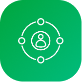 Icon of a person surrounded by three orbiting nodes on a green rounded square background.