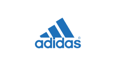 Adidas logo with three diagonal stripes and the brand name in blue.
