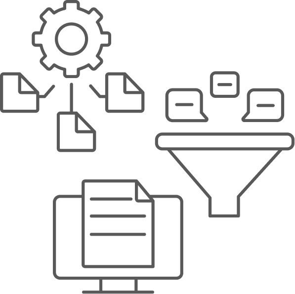 Icon showing document processing with gear, document flow, computer, and data filter funnel.