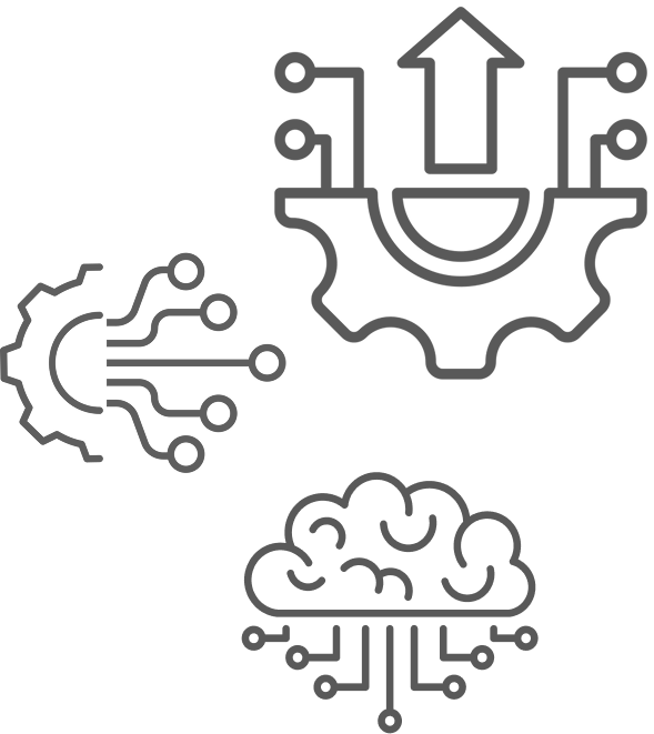 Icons of a gear with circuits, an upward arrow on a gear, and a brain with digital connections.