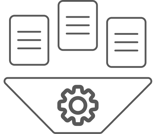 Icon of three documents funneling into a gear symbol representing processing or automation.