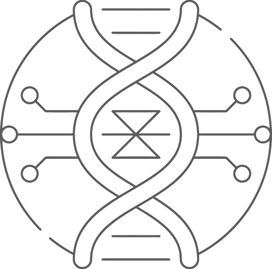 Abstract DNA double helix inside a circle with connected nodes representing genetic circuits.