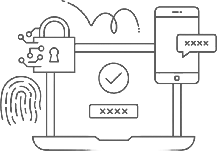 Outline of laptop, phone, fingerprint, and lock symbolizing digital security and authentication.