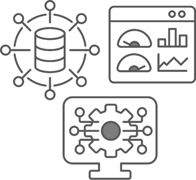 Icons showing data network, analytics dashboard with charts, and computer gear with connected nodes.
