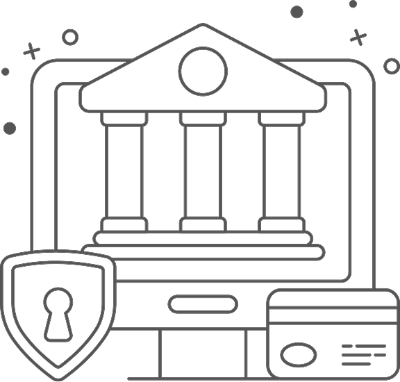 Outline of a computer monitor showing a bank building with a shield and a credit card symbolizing secure online banking.