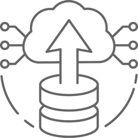 Outline of cloud with upward arrow from stacked database disks and connecting nodes on sides.
