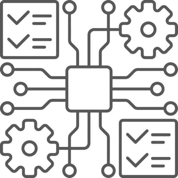 Circuit board with central chip connected to gears and checklist icons representing system automation.