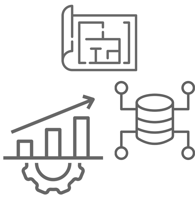Icons of a blueprint, a bar chart with upward arrow, and a database with connected nodes.
