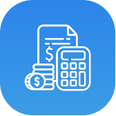 Calculator, document with dollar sign, and stacked coins icon on blue rounded square background.
