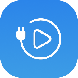 White play button inside a power plug cord loop on blue square background with rounded corners.