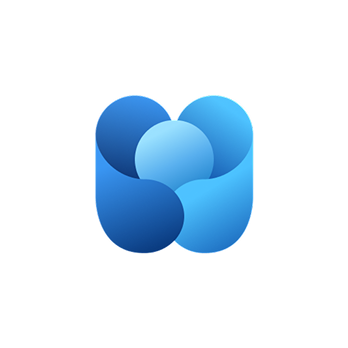 Blue abstract logo composed of intertwined rounded shapes forming a symmetrical design.