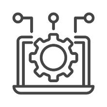 Laptop with a gear icon on screen and three connected nodes above representing technology or settings.