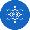 White technology chip circuit icon with gear in center on blue circular background.