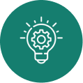 White lightbulb with a gear inside and rays around on a teal circular background.
