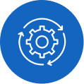 White gear with circular arrows around it on a blue circle background symbolizing process automation.