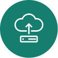 White cloud with an upward arrow and a horizontal line on a teal circular background.
