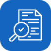 White document with magnifying glass and checkmark inside blue rounded square.