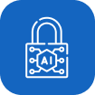 Blue rounded square with a white padlock and AI circuit design inside the lock.