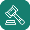White gavel striking a sound block on teal rounded square background.