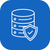 White database icon with a shield symbol on blue rounded square background.
