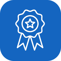 White award ribbon with a star in the center on a blue rounded square background.