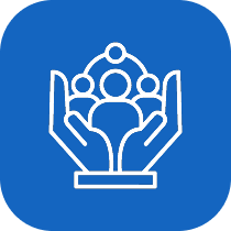 Two hands cupping three people icons symbolizing care or community on a blue background.