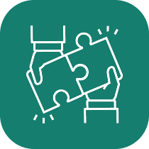 Two hands connecting two puzzle pieces against a teal rounded square background.