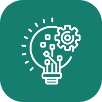 White line icon of a light bulb with a gear and digital circuit elements inside on teal background.