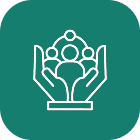 White icon of three people protected by two hands on green rounded square background.