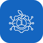 Apple with leaf surrounded by connected tech nodes on blue rounded square background.