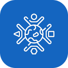 Icon of people connected around a globe representing global teamwork or collaboration.