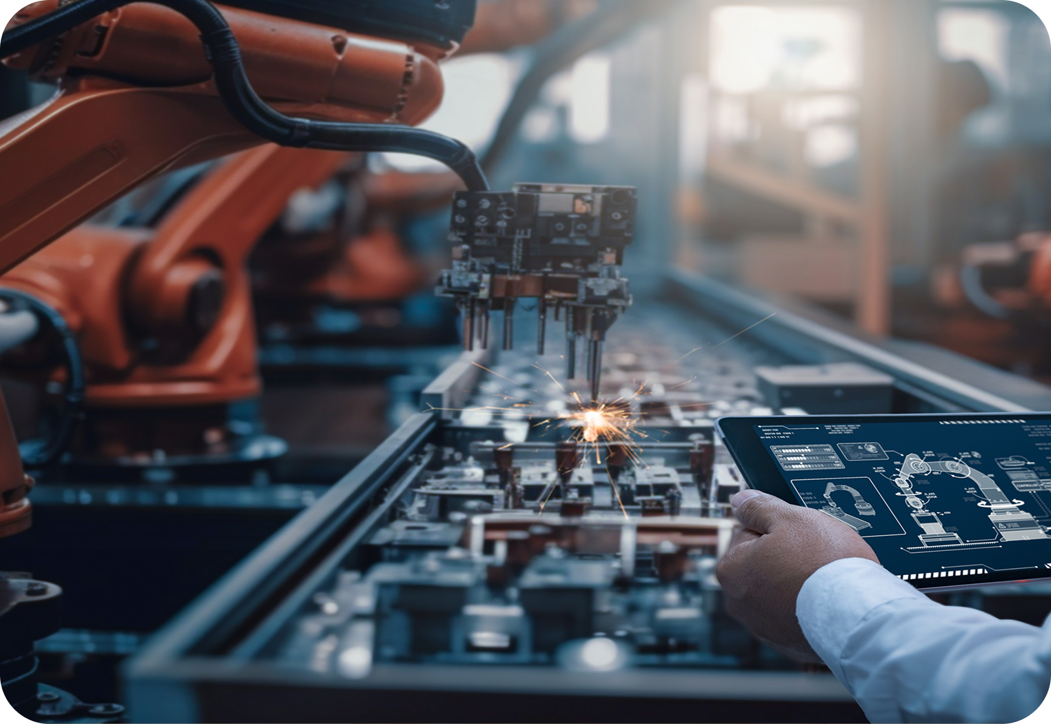 Robot arm welding parts on assembly line as operator monitors process on a tablet screen.