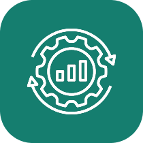 Icon of a gear with a bar chart inside and circular arrows around it on a teal background.