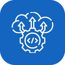 White gear icon with code symbol connected to cloud and upward arrows on blue background.