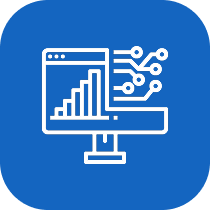 Icon of computer monitor showing bar chart with digital circuit connections on blue rounded square background.