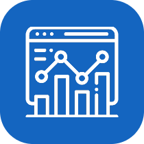 White analytics dashboard with bar and line graphs on blue rounded square background.