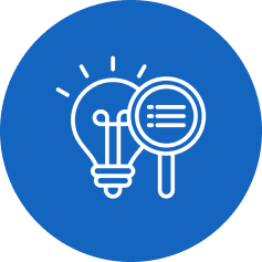 White line icon of a light bulb and magnifying glass with a list inside on a blue circle background.