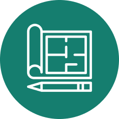 White blueprint and pencil icon inside a teal circle representing architectural design.