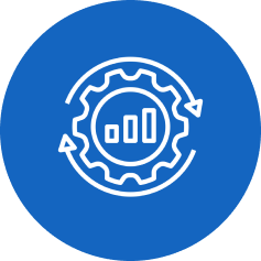 White gear with bar chart inside and circular arrows around it on a blue circular background.